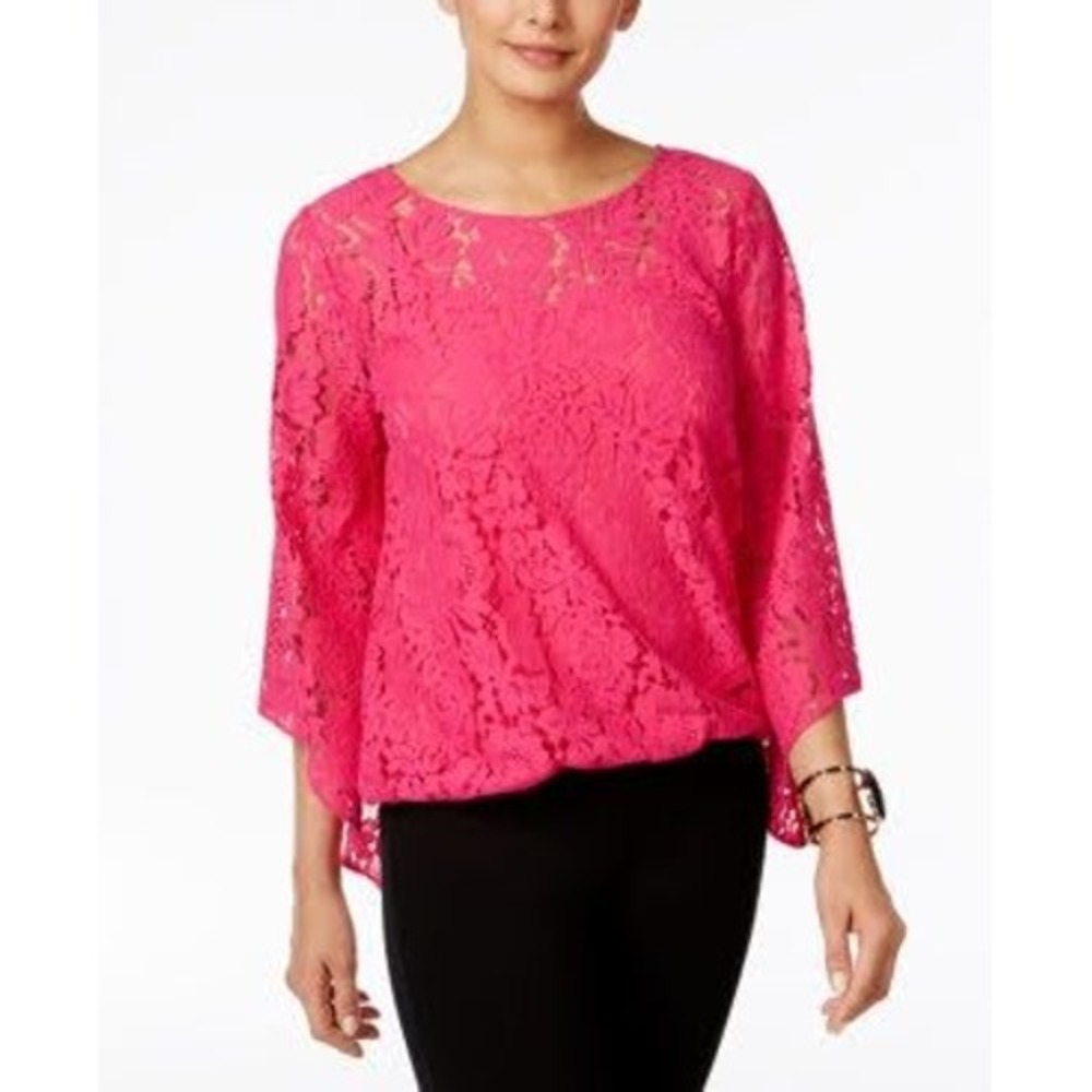 Alfani Womens Lace Bubble Top Brilliant Berry Pink 3/4 Bell Sleeve Petite 74902P